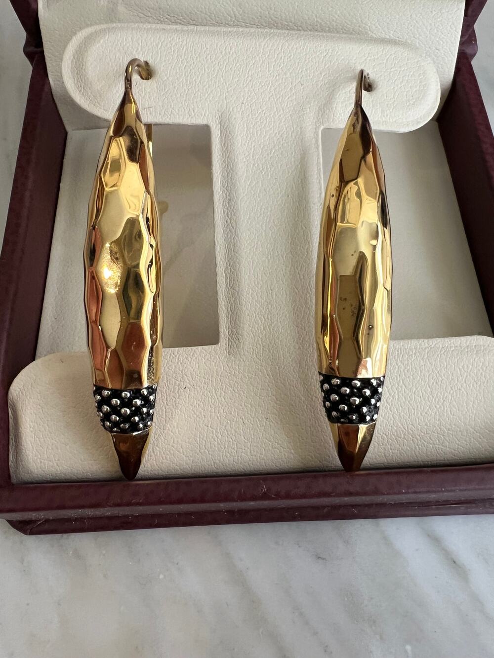 Michael Dawkins Hammered 925 Sterling Silver Gold Two Tone Drop Earrings